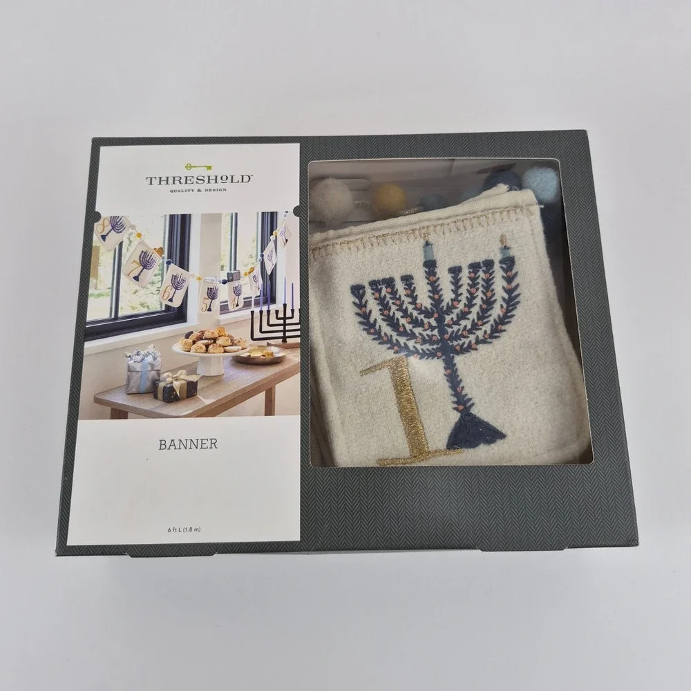 Threshold Hanukkah Menorah Banner 6ft Embroidered Fabric Pom Pom Garland Ivory